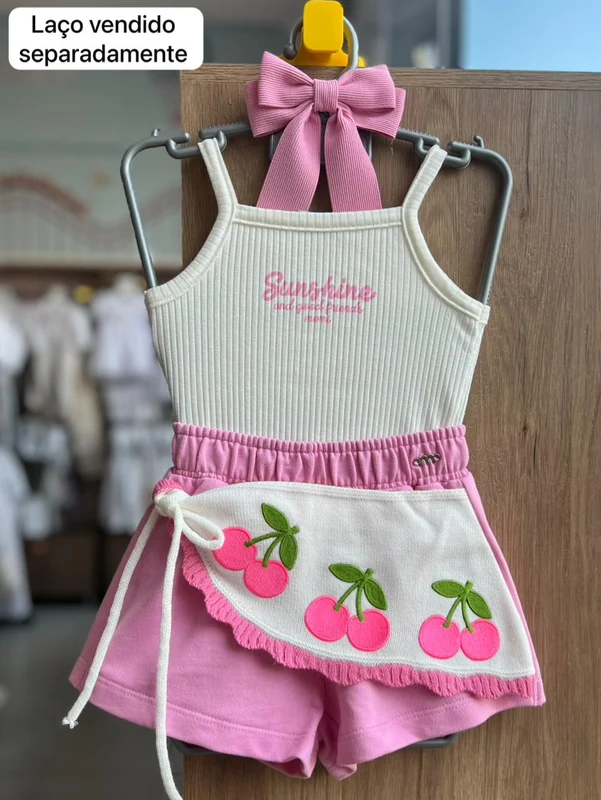 CONJUNTO BLUSA ALÇA FINA CANELADA SUNSHINE CEREJAS E SHORT SAIA TRICÔ CEREJAS PATCH MENINA MOMI OFF/ROSA / 12