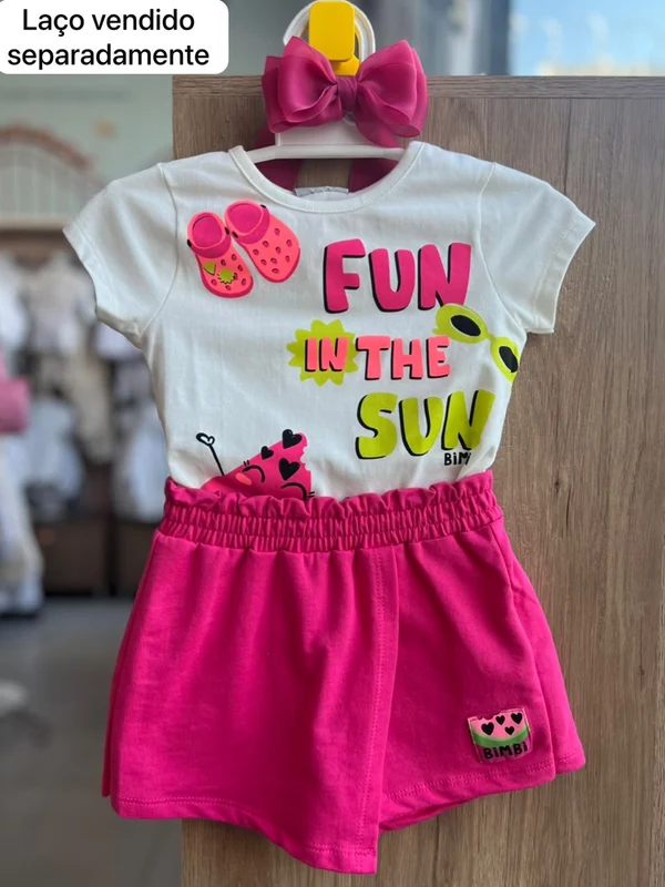 CONJUNTO BLUSA MANGA CURTA E SHORT SAIA MELANCIA FUN IN THE SUN MENINA BIMBI OFF/PINK / 1