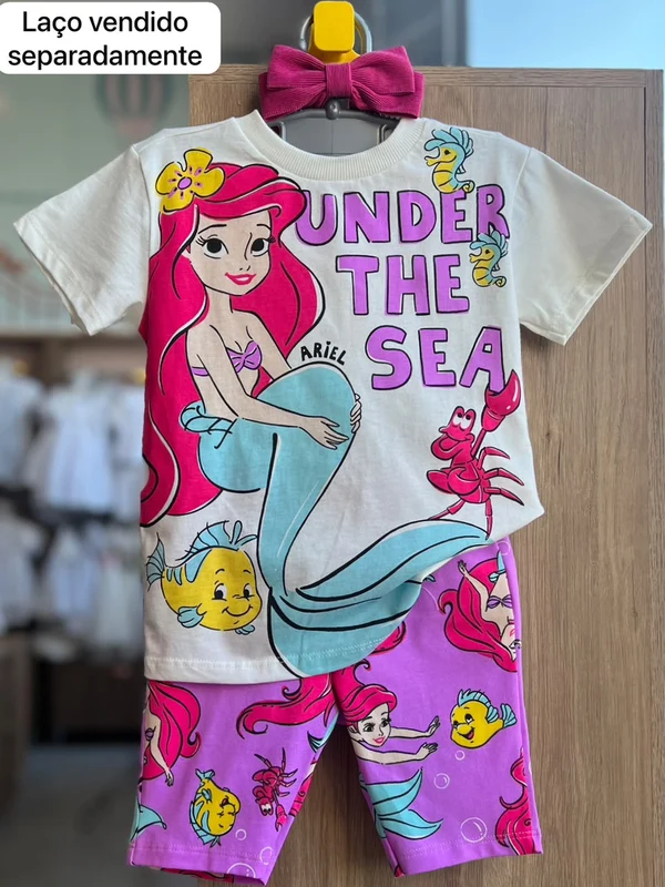 CONJUNTO BLUSA MANGA CURTA A PEQUENA SEREIA ARIEL MER MAID E SHORT MENINA BIMBI OFF/LILÁS / 3