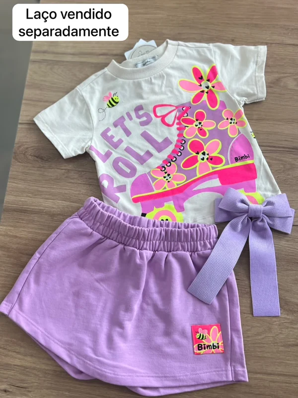 CONJUNTO BLUSA MANGA CURTA PATINS FLOR ABELHA E SHORT SAIA MENINA BIMBI BEGE/LILÁS / 2