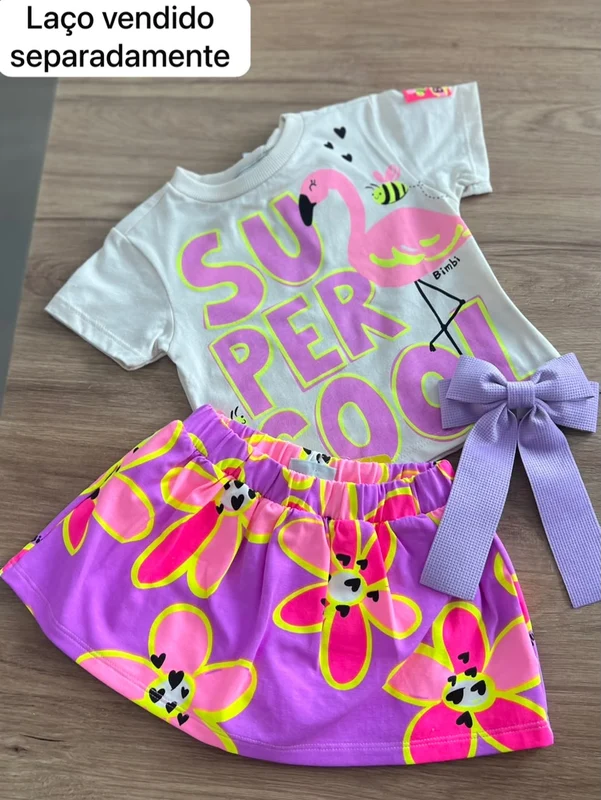 CONJUNTO BLUSA MANGA CURTA ABELHA SUPER FLAMINGO E SAIA FLOR MENINA BIMBI Bege / 4