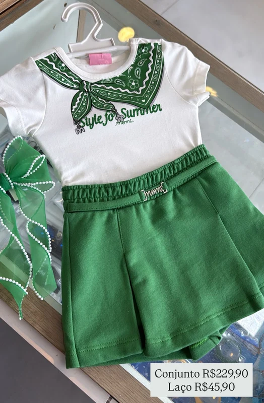 CONJUNTO BLUSA MANGA CURTA LENÇO FAKE STYLE SUMMER STRASS E SHORT SAIA MENINA MOMI OFF/VERDE / 8