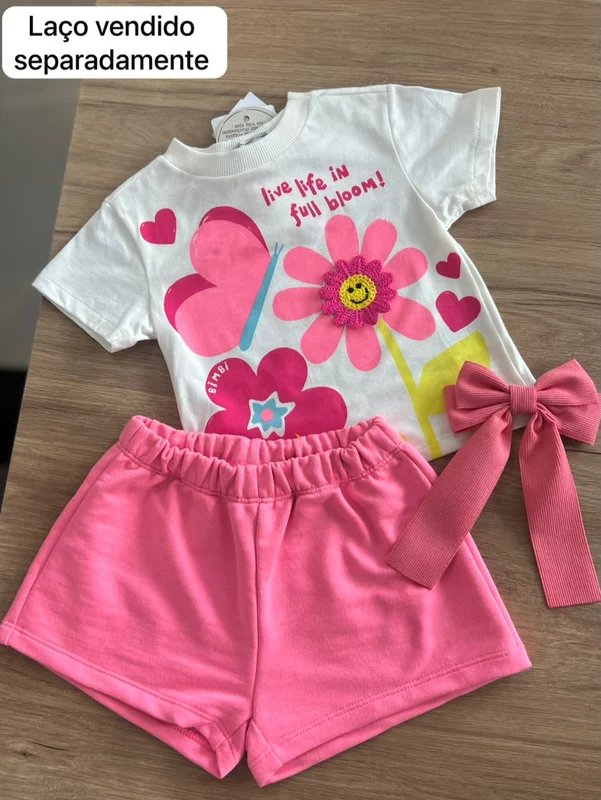 CONJUNTO BLUSA MANGA CURTA BORBOLETA FLORT TRICO E SHORT MENINA BIMBI OFF/ROSA / 14
