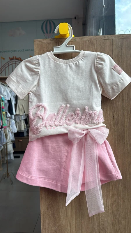 CONJUNTO BLUSA MANGA CURTA BALLERINE E SHORT SAIA TULE MENINA ANIME OFF/ROSA / 4
