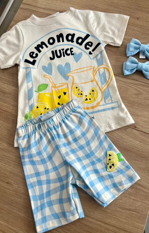 CONJUNTO CAMISETA MANGA CURTA E CALÇA XADREZ LIMONADA CORAÇÕES MENINA BIMBI BEGE/AZUL / 14