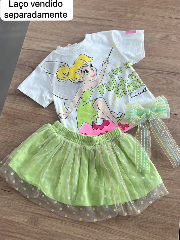 CONJUNTO BLUSA MANGA CURTA SININHO E SAIA TULE MENINA BIMBI OFF/VERDE / 8