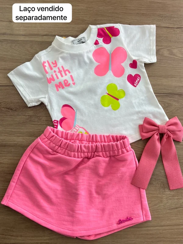CONJUNTO BLUSA MANGA CURTA BORBOLETAS E SHORT SAIA MENINA BIMBI OFF/ROSA / 6