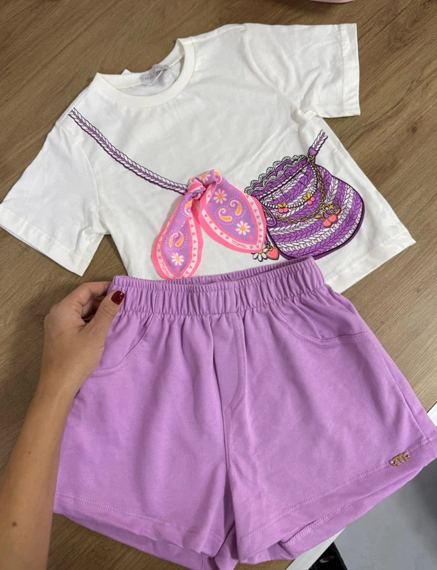 CONJUNTO BLUSA MANGA CURTA BOLSA LAÇO E SHORT MOLETOM MENINA MOMI OFF/LILÁS / 8