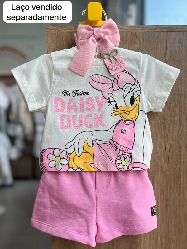 CONJUNTO BLUSA MANGA CURTA DAISY DUCK STRASS THE FASHION E SHORT MENINA MOMI OFF/ROSA / 6