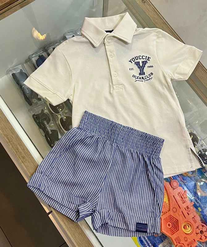 CONJUNTO CAMISA GOLA POLO OCEAN CLUB E BERMUDA LISTRADA BARRA DOBRADA MENINO YOUCCIE OFF/MARINHO / 2
