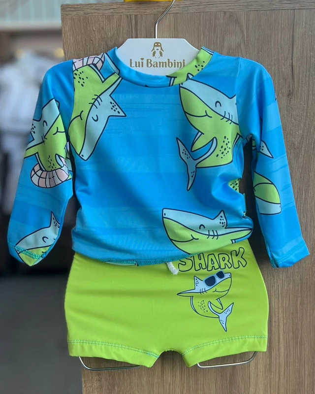CONJUNTO CAMISETA MANGA LONGA TUBARÃO PROTEÇÃO UV50+ E SUNGA MENINO TIP TOP AZUL/VERDE / 1
