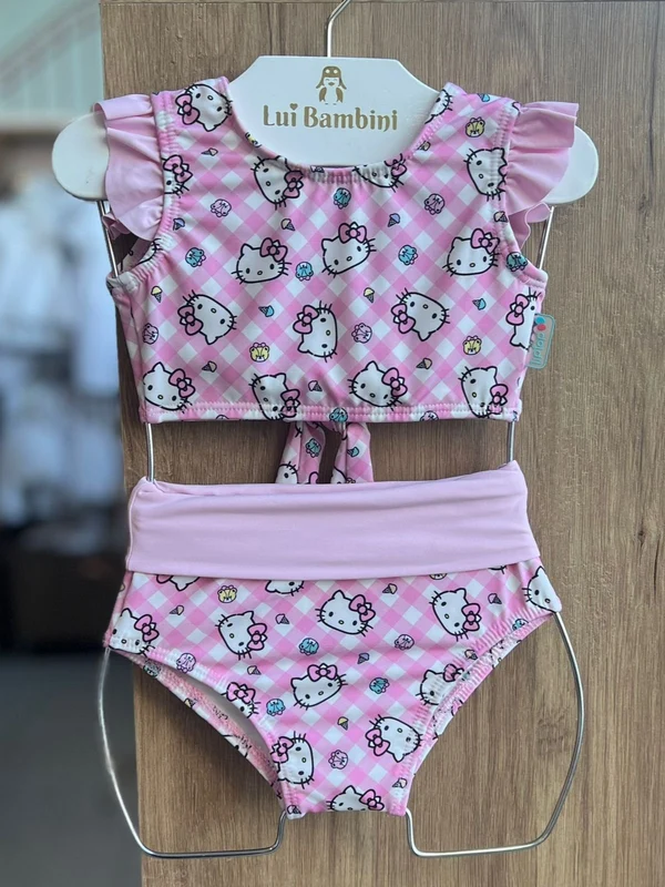 CONJUNTO BIQUINI REGATA BABADO HELLO KITTY PROTEÇÃO UV50+ E CALCINHA PRAIA MENINA TIP TOP Rosa / 16