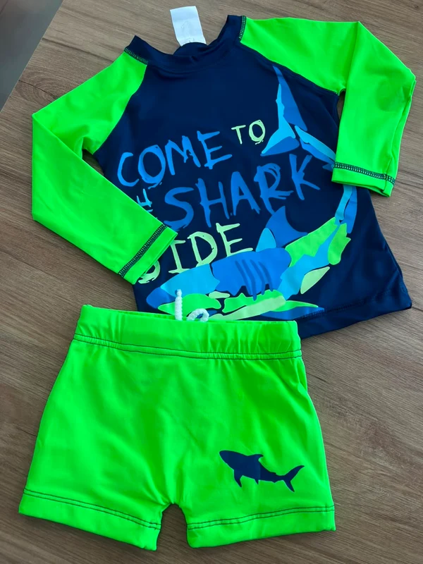 CONJUNTO CAMISETA MANGA LONGA SHARK SIDE TUBARÃO E SUNGA BOXER MENINO TIP TOP Verde Neon/Marinho / 8