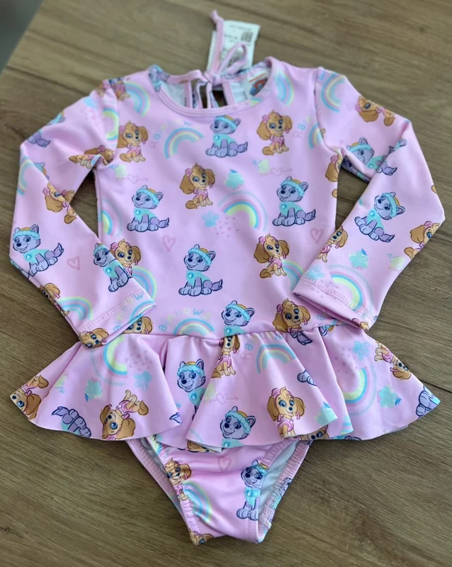 MAIÔ BODY MANGA LONGA PATRULHA CANINA RAINBOWS COM BABADO UV50+ MENINA TIP TOP Rosa / 4