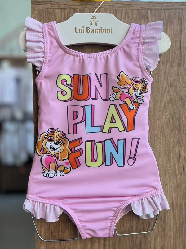 MAIÔ REGATA COM BABADO LISTRADO SUN PLAY FUN PATRULHA CANINA UV50+ MENINA TIP TOP Rosa / 1