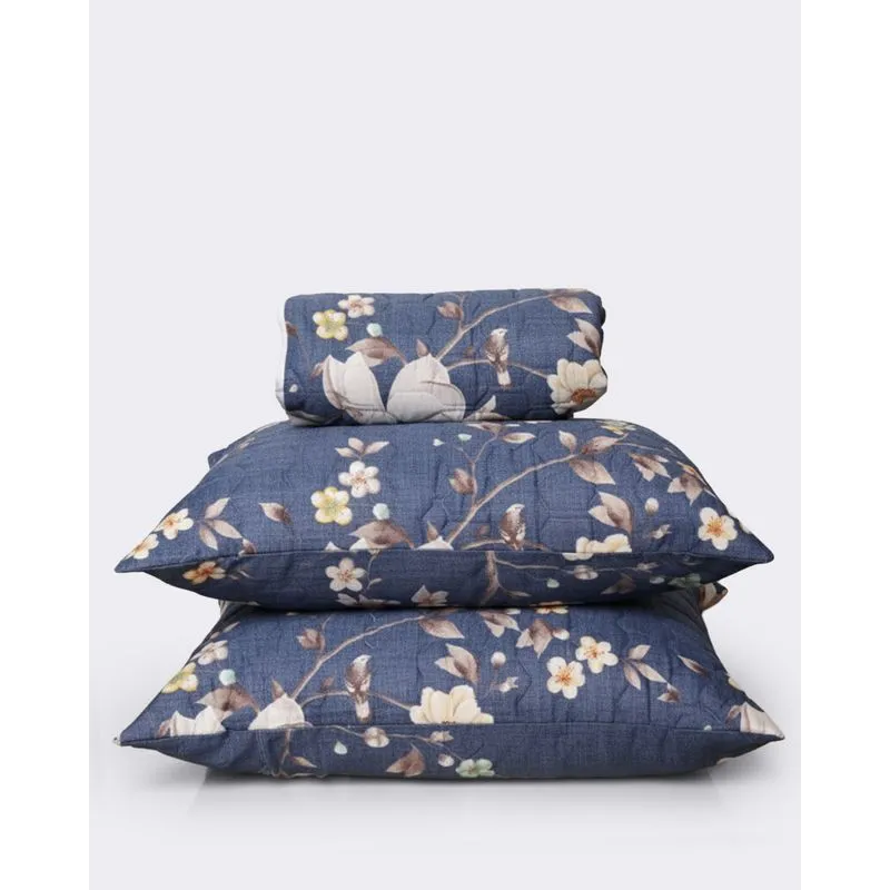 Kit Colcha Casal Queen 3 Peças Arte & Cazza Estampada Floral Marinho UN