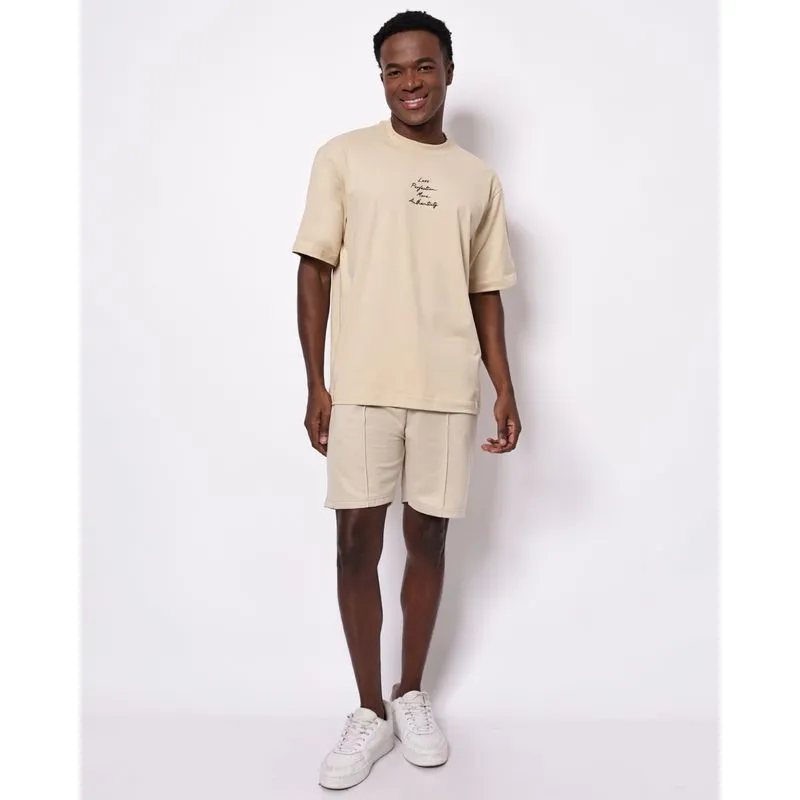 Bermuda Moletinho Masculina Reta com Pregas Bolsos Bege M