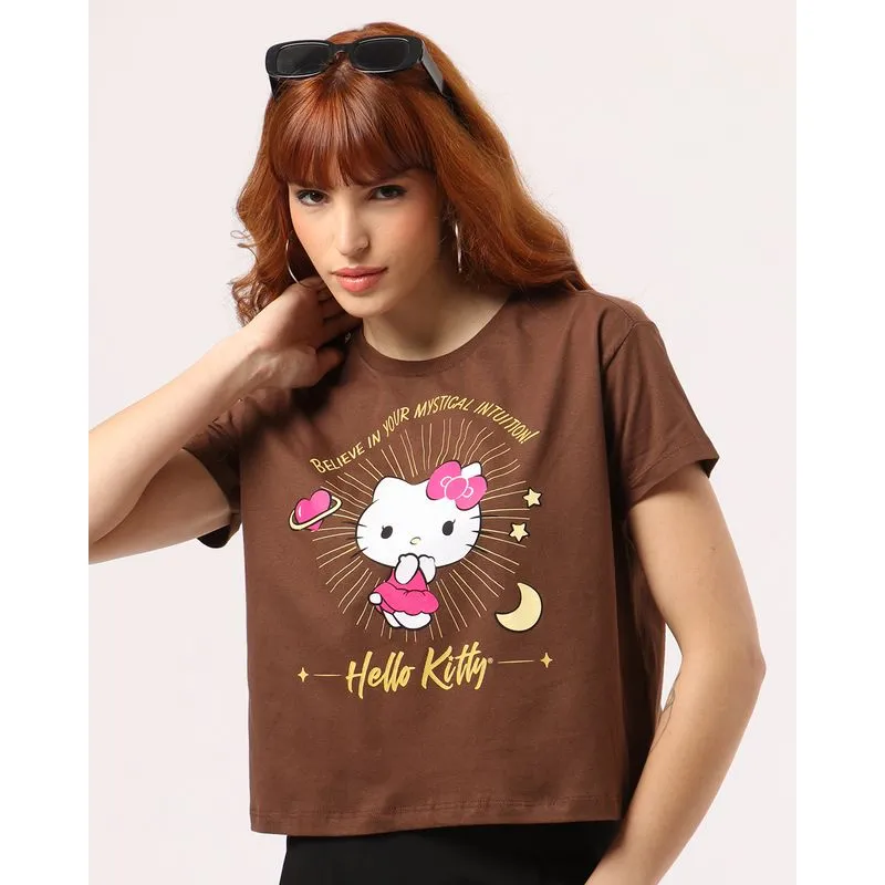 Camiseta Feminina Cropped Algodão Hello Kitty Marrom M
