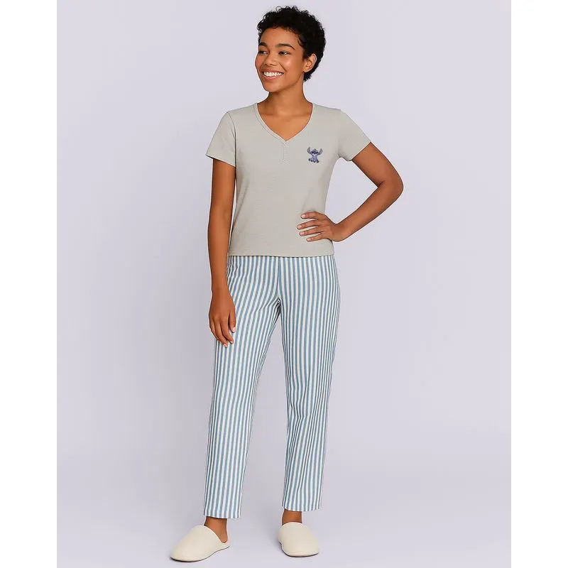Pijama Feminino Longo Disney Stitch Cinza GG