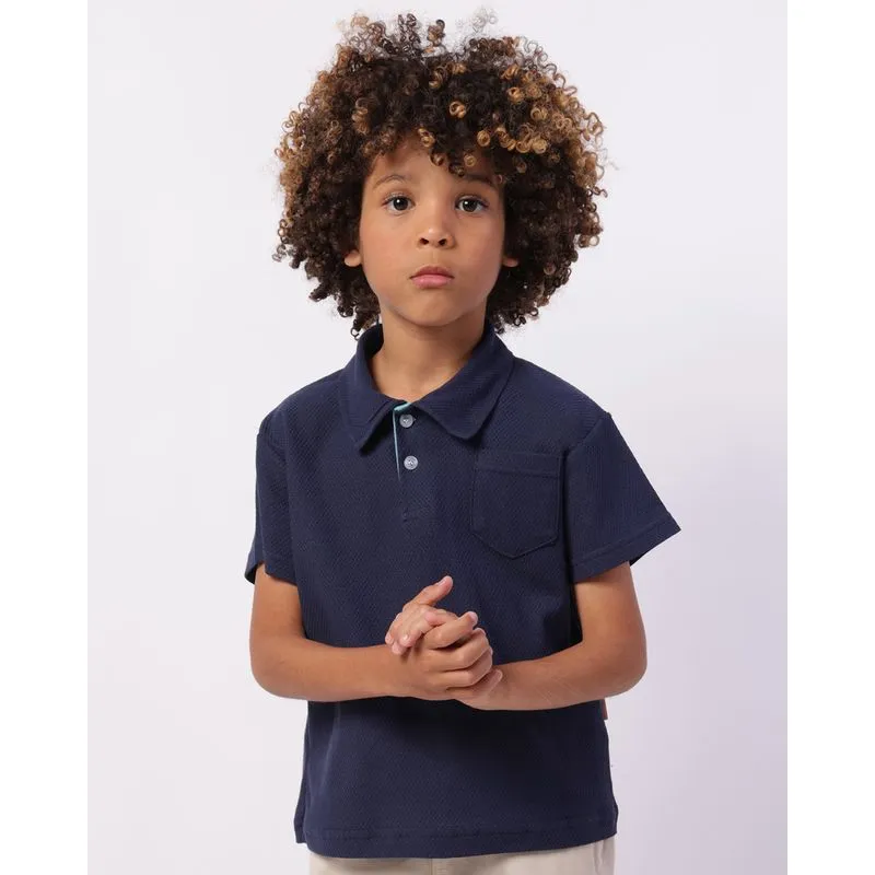 Polo Infantil Algodão Texturizada Bolsinho Frontal Marinho 6