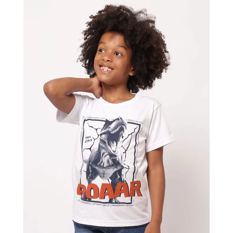 Camiseta Infantil Algodão Estampa Dinossauro Manga Curta Branca 6