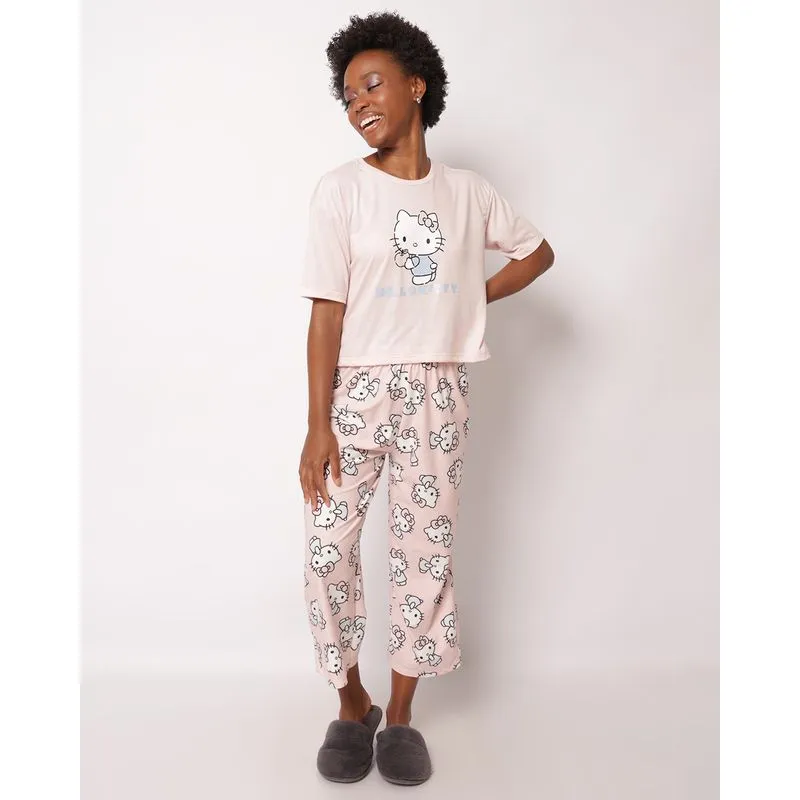 Pijama Feminino Pantacourt Hello Kitty Estampado Rosa P
