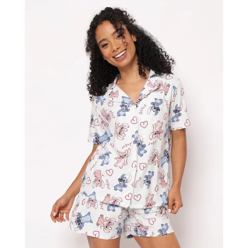 Pijama Feminino Curto Peach Americano Disney Stitch Azul G