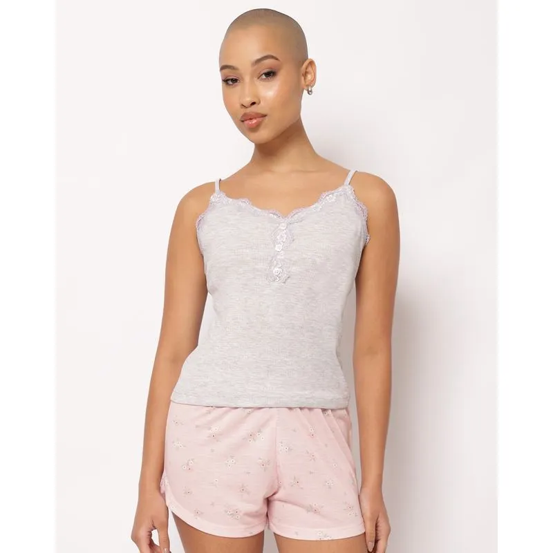 Pijama Feminino Curto Estampado com Renda Cinza M