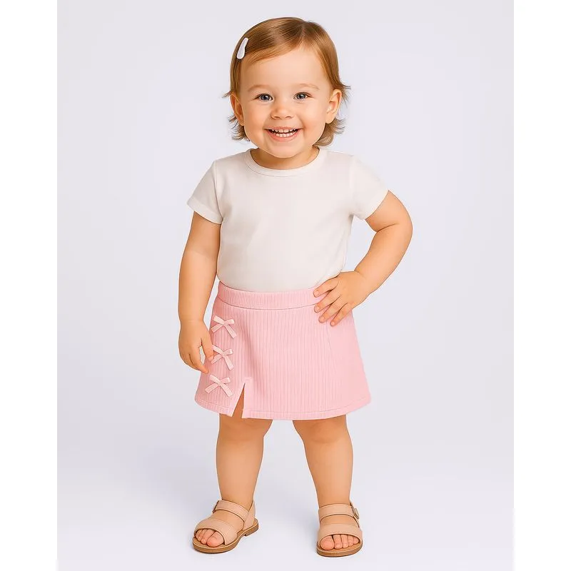 Short Saia Bebê Curto Canelado Lacinhos Frontal Rosa 1