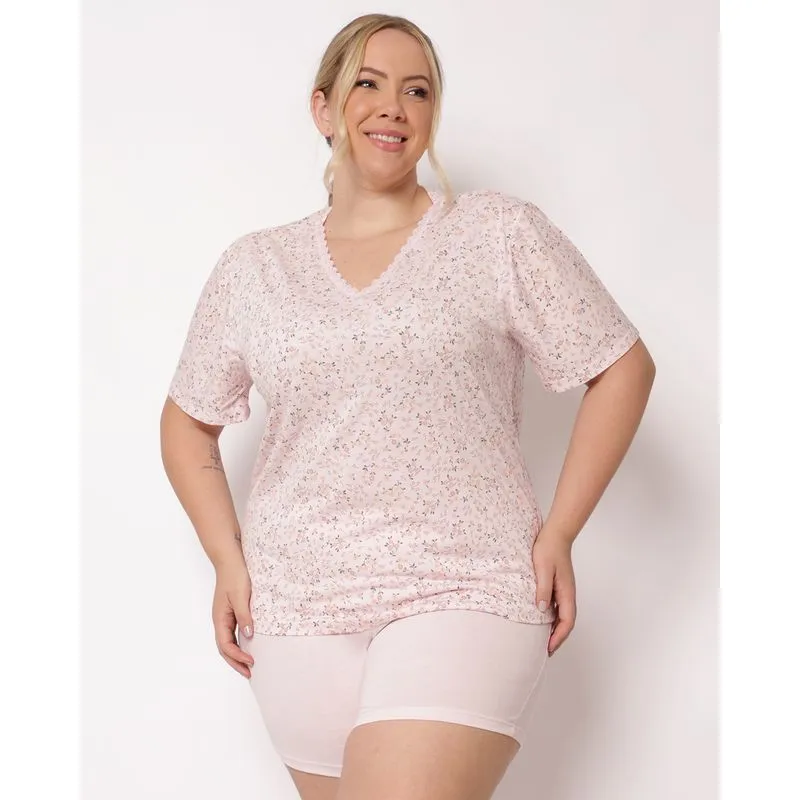 Pijama Plus Size Feminino Curto Decote V com Renda Estampado Floral Rosa 50