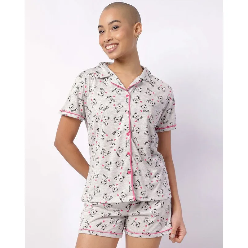 Pijama Feminino Curto Americano Estampado Cinza M