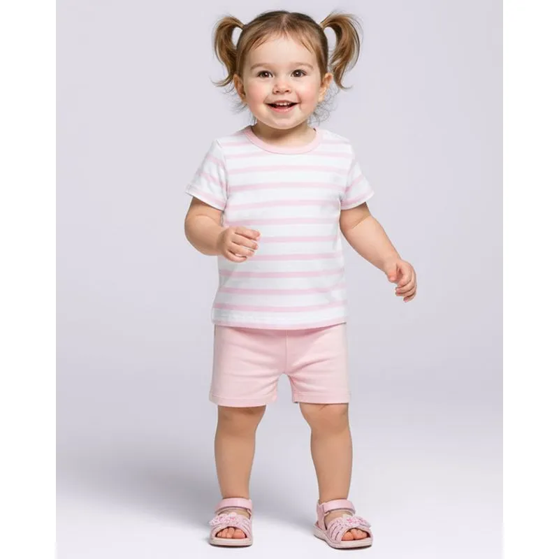 Camiseta Bebê Algodão Listrada Manga Curta Rosa 3