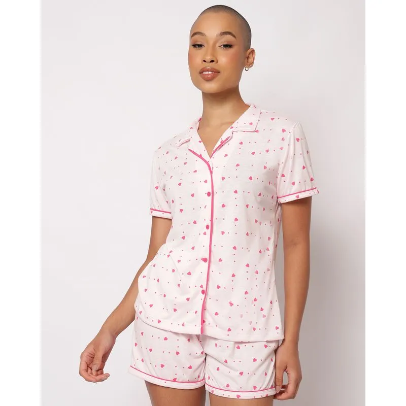 Pijama Feminino Curto Americano Estampado Corações Rosa G