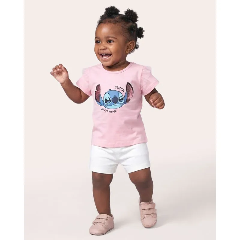 Camiseta Bebê Disney Stitch Paetê Manga Curta com Tule Rosa 3