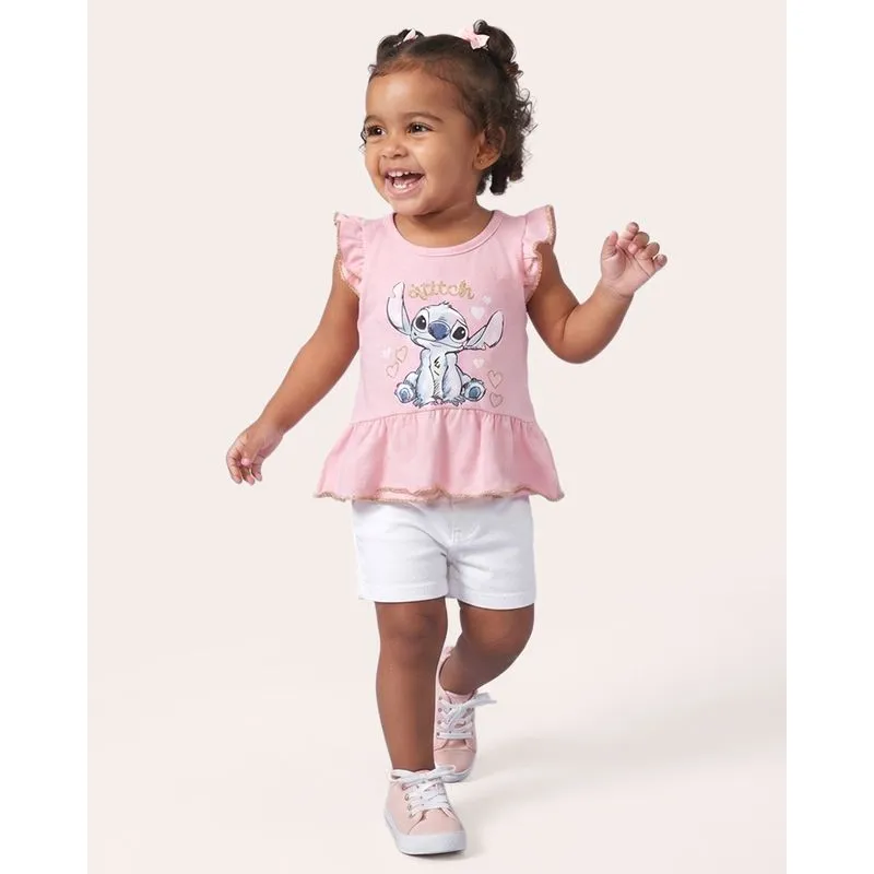 Blusa Bebê Algodão Disney Stitch com Babado e Lurex Rosa 3