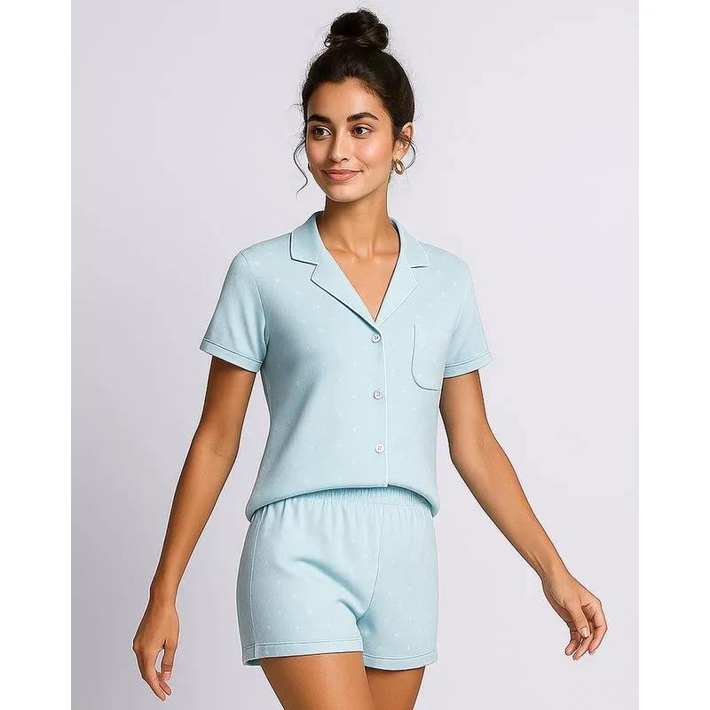 Pijama Feminino Curto Americano Estampado Poá Azul G