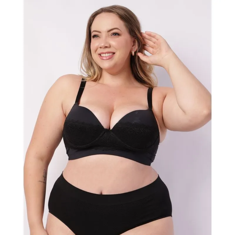Sutiã Plus Size Feminino Poliamida com Base Bojo e Renda Preto 50