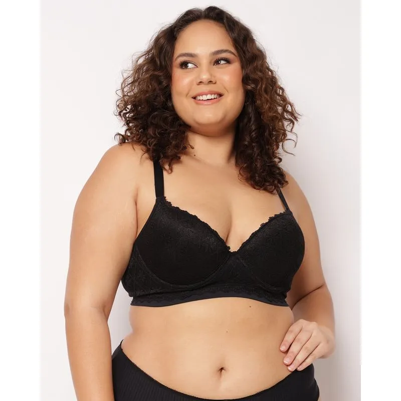 Sutiã Plus Size Feminino Poliamida com Base e Bojo Renda Preto 52
