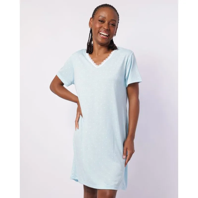 Camisola Feminina Curta Decote com Renda Estampada Poá Azul P