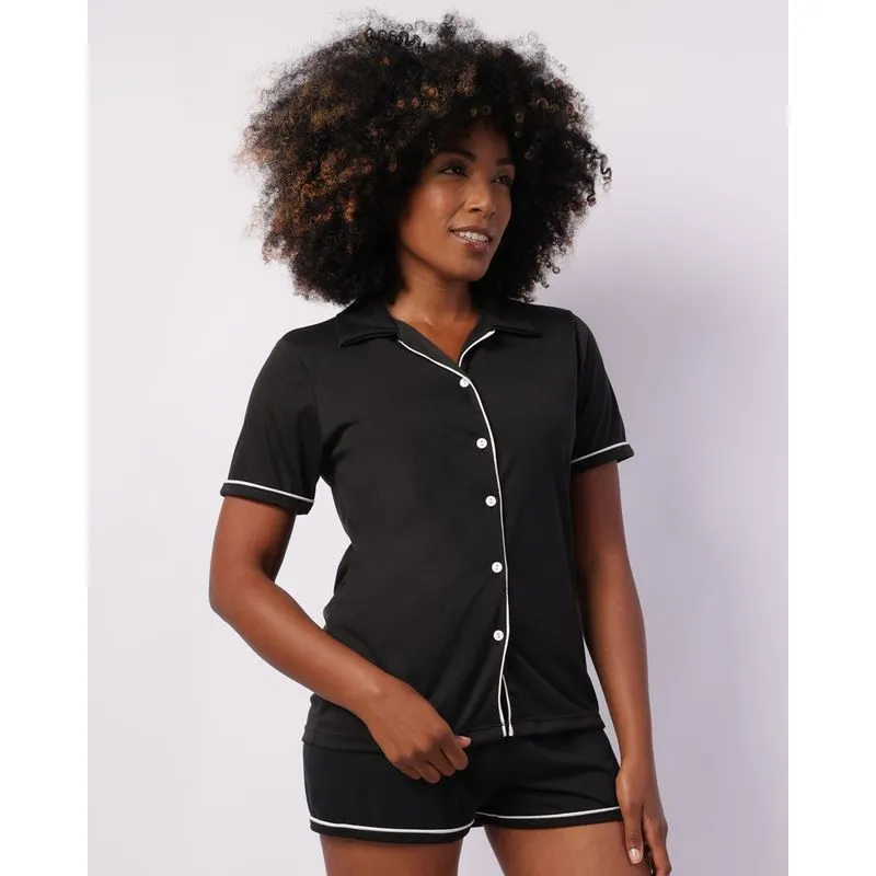 Pijama Feminino Curto Americano Liso com Botões Preto M