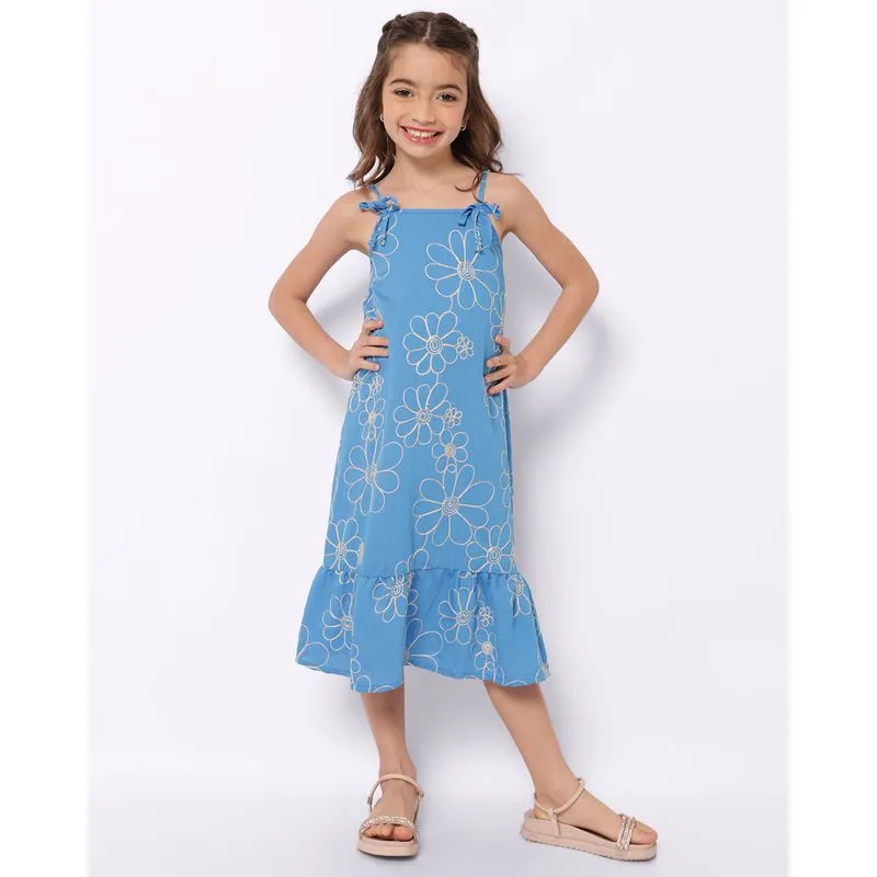 Vestido Infantil Curto Berry & Co. Viscose Bordado Flores Azul 6