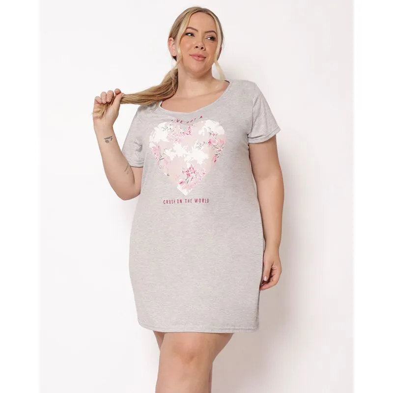Camisola Plus Size Feminina Curta com Estampa Coração Cinza 50