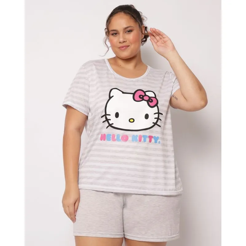 Pijama Plus Size Feminino Curto Hello Kitty Listrada Cinza 52