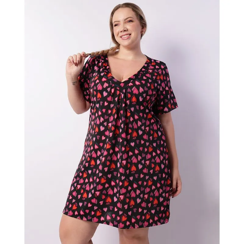 Camisola Plus Size Feminino Liganete Estampa Corações Preta 48
