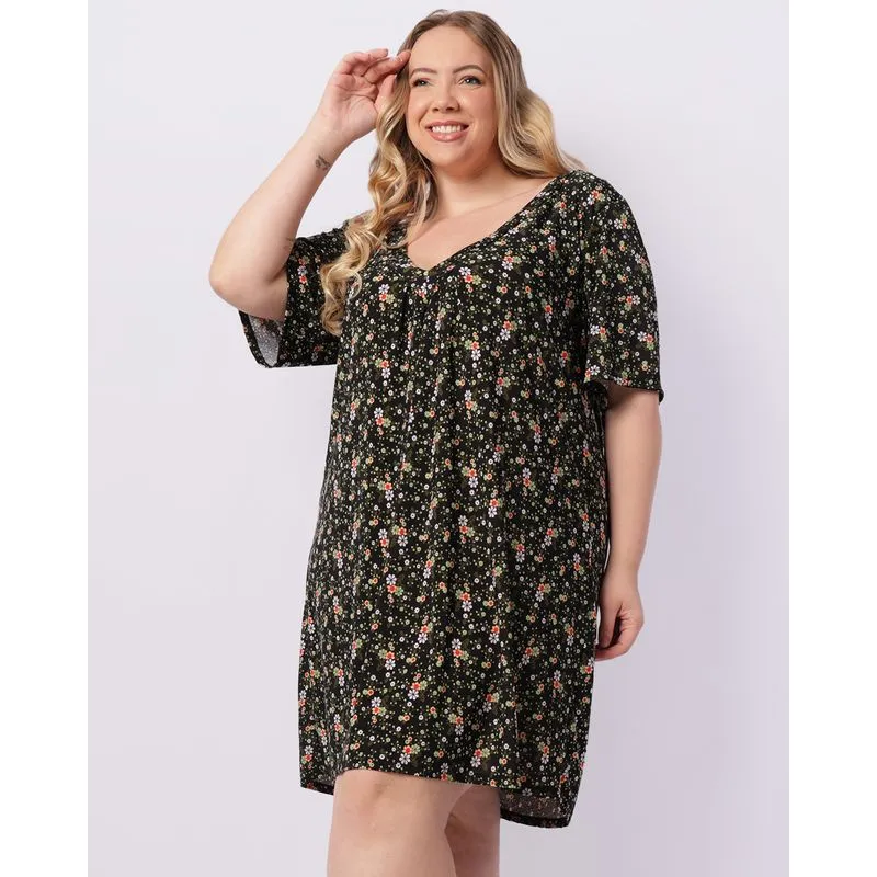 Camisola Plus Size Feminina Liganete Estampada Floral Preta 48