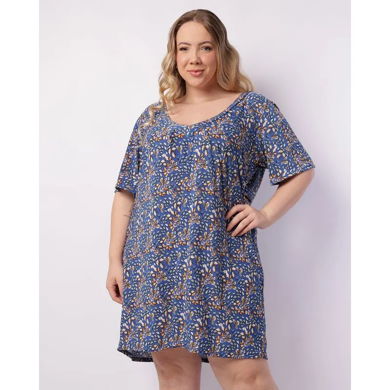 Camisola Plus Size Feminina Liganete Estampada Floral Azul 52