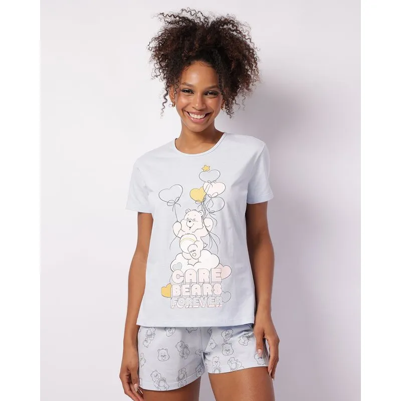 Pijama Feminino Curto Algodão Ursinhos Carinhos Azul G