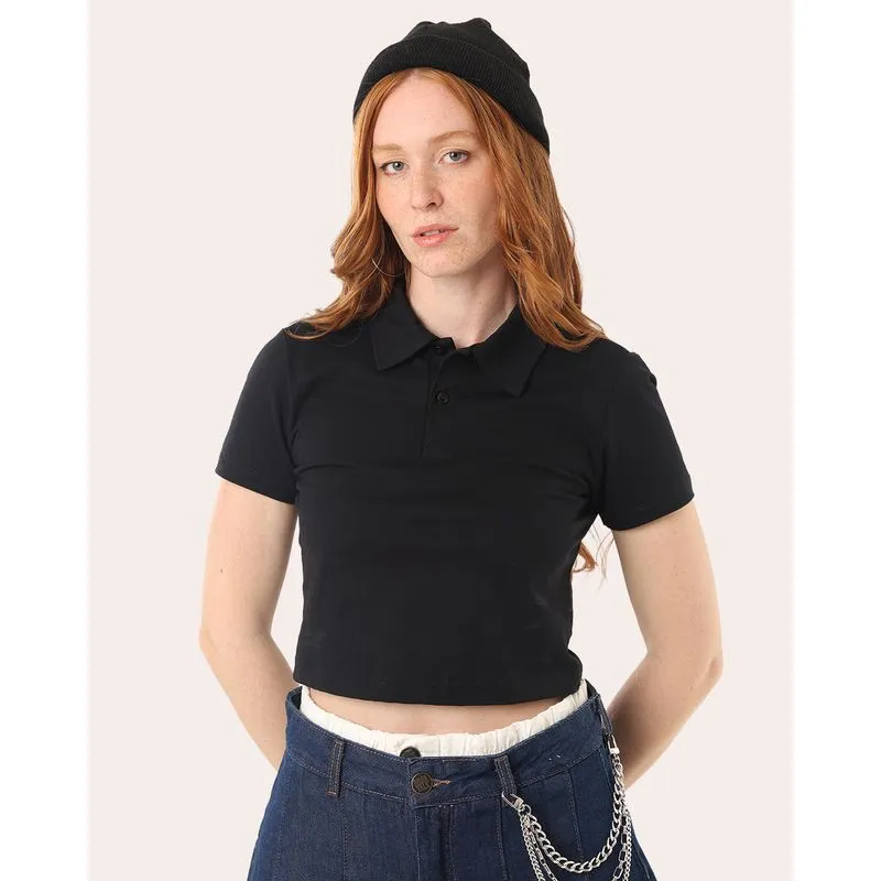 Blusa Polo Feminina Cropped Algodão Preta GG