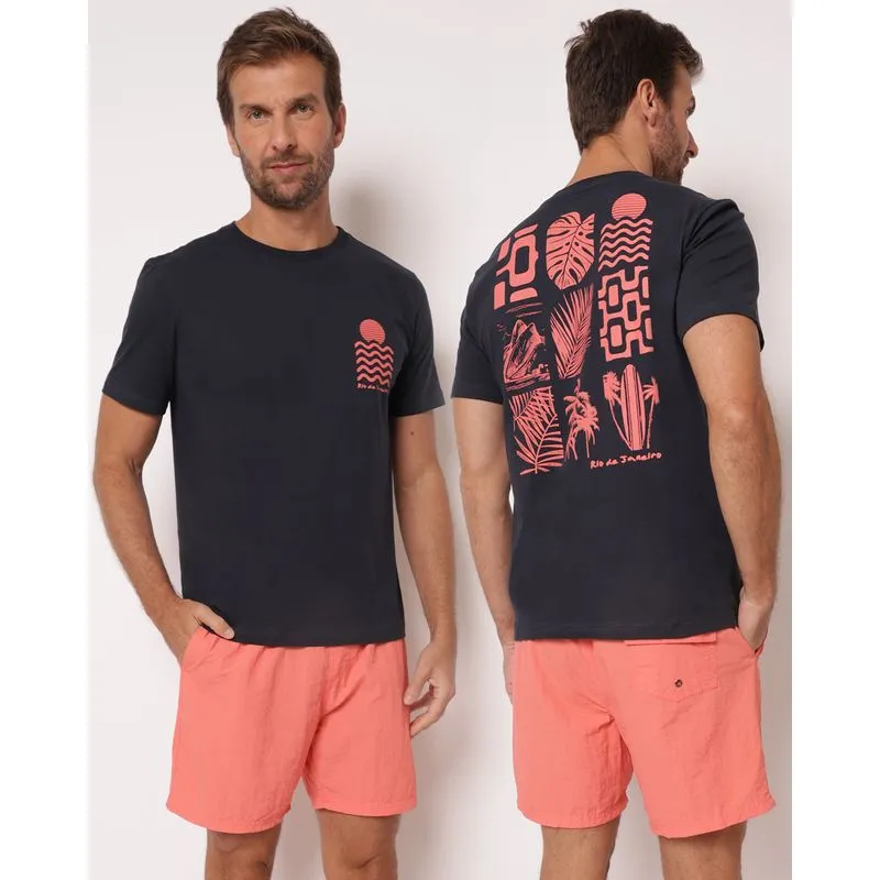 Camiseta Masculina Algodão com Estampa Frente e Costas Marinho GG