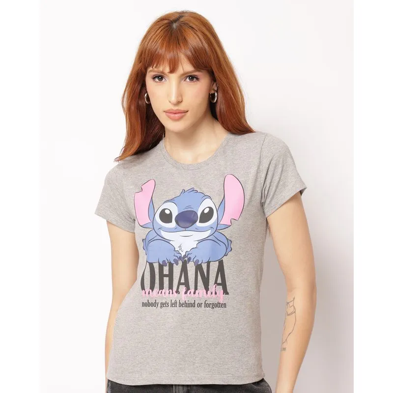 Camiseta Feminina Disney Estampa Stitch Manga Curta Cinza GG